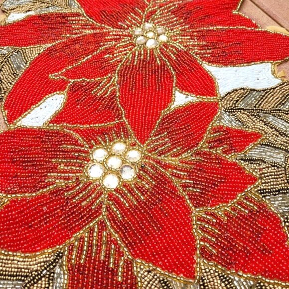 VTG Christmas Poinsettia Table Runner Beaded Floral Holiday Decor Party Display - Picture 2 of 8